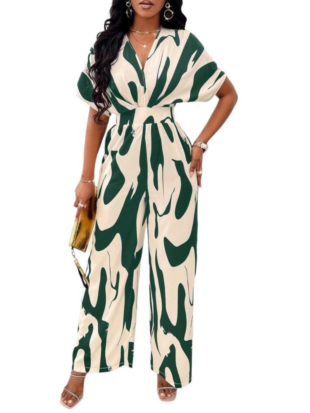 Women’s V-Neck Short Sleeve Printed Jumpsuit with Pockets - Casual Wide Leg